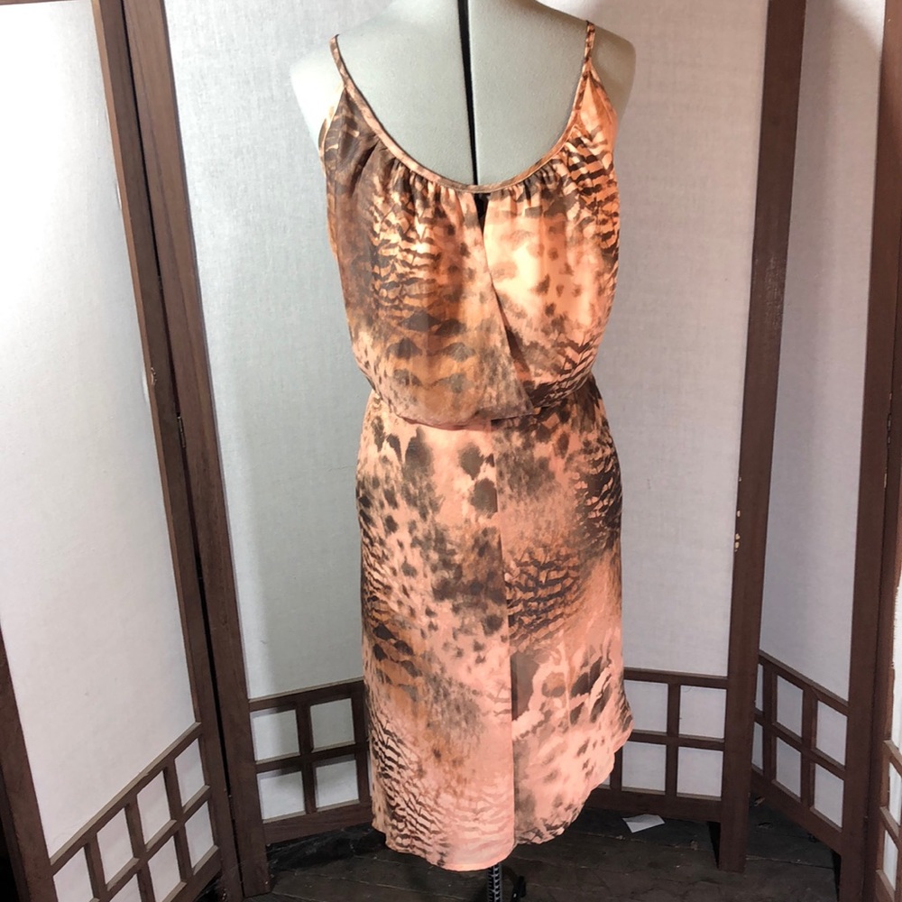 LYS Cami Dress Plus Sz 2X Tan Printed Shift Line Drape Hem Spaghetti Straps NWOT